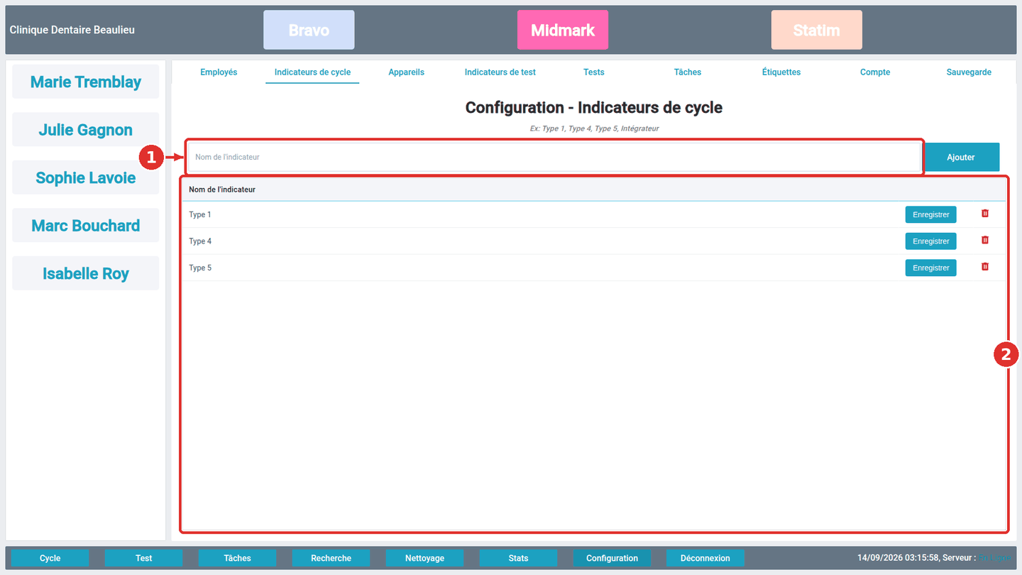 Configuration ▸ Indicateurs de cycle