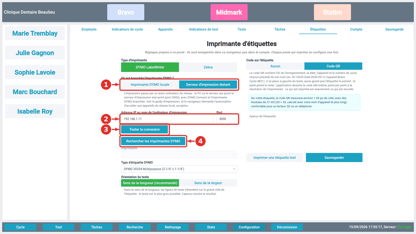 Configuration ▸ Étiquettes, DYMO par le serveur d'impression