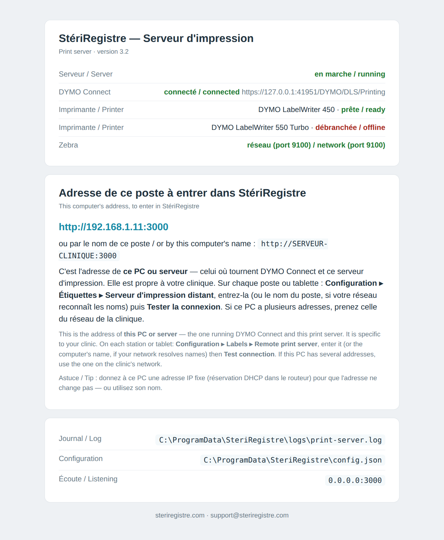 La page d'état (http://localhost:3000/) à la fin de l'installation. L'adresse et le nom affichés sont ceux de votre PC ou serveur — pas ceux de cet exemple.