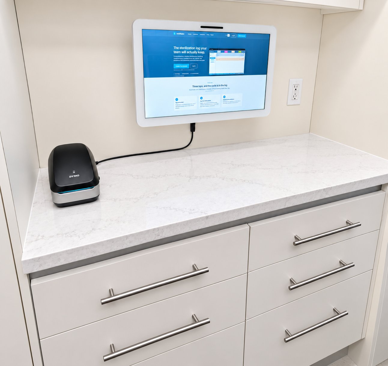 Un poste réel : tout-en-un tactile fixé au mur, LabelWriter Wireless posée à côté — un fil d'alimentation chacun, rien d'autre. Le serveur d'impression tourne ailleurs dans la clinique.