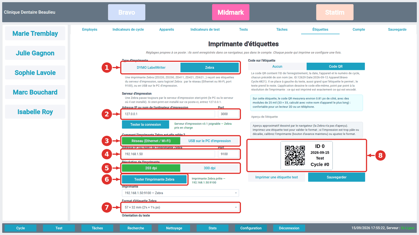 Configuration ▸ Étiquettes, imprimante Zebra réseau